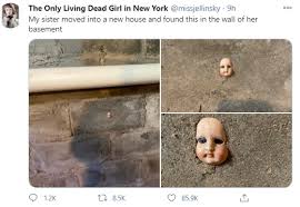 “Move before it’s too late!” Twitter users warn after woman moved into a house and found the head of a doll stuck in her basement wall.