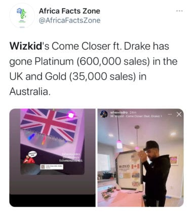 Wizkid's come closer becomes certified platinum in the UK and silver in Australia