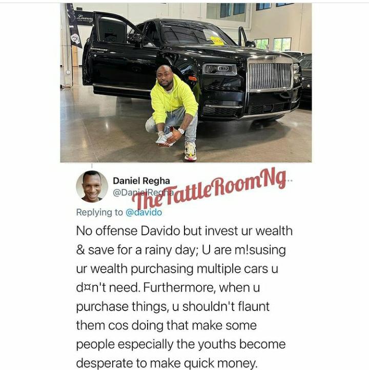 Fan advises Davido to stop flaunting his acquired wealth