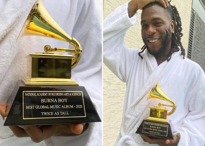 Watch Video; Burna Boy Receives His Grammy Award Statuette For Twice As Tall Album.