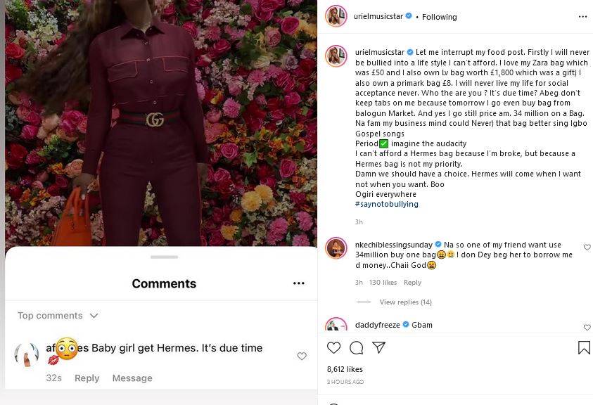 Uriel Slams IG User Who Told Her She Is Due To Own A Hermes Bag