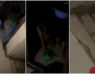 Wahala!- Son opens tap down, gets the whole house heavily flooded, frustrated mother tries to scoop water out in viral video.