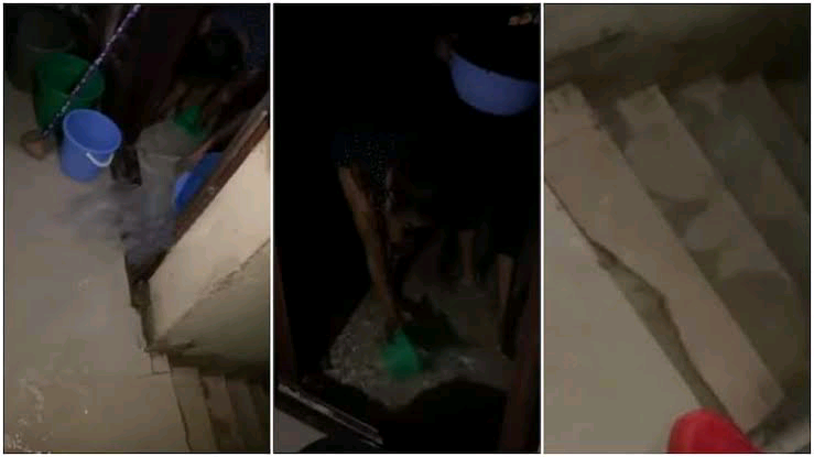 Wahala!- Son opens tap down, gets the whole house heavily flooded, frustrated mother tries to scoop water out in viral video.