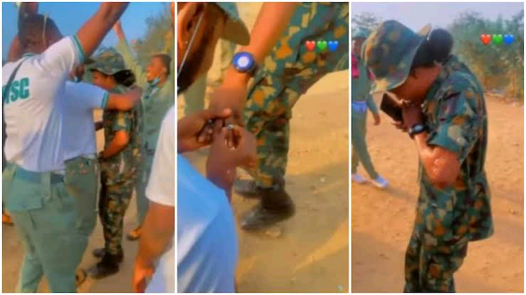 Watch lovely moment NYSC corper proposed to female soldier in camp, Nigerians react.