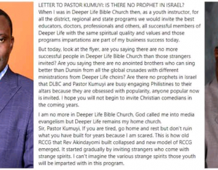 “Is there no prophet in Israel?”- Ex-Deeper life youth instructor slams Kumuyi for inviting non-deeper life members to the church’s youth program.