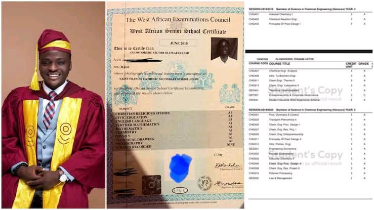 Nigerian man who had 8 distinctions in WAEC graduates from University with first class, shares results online.