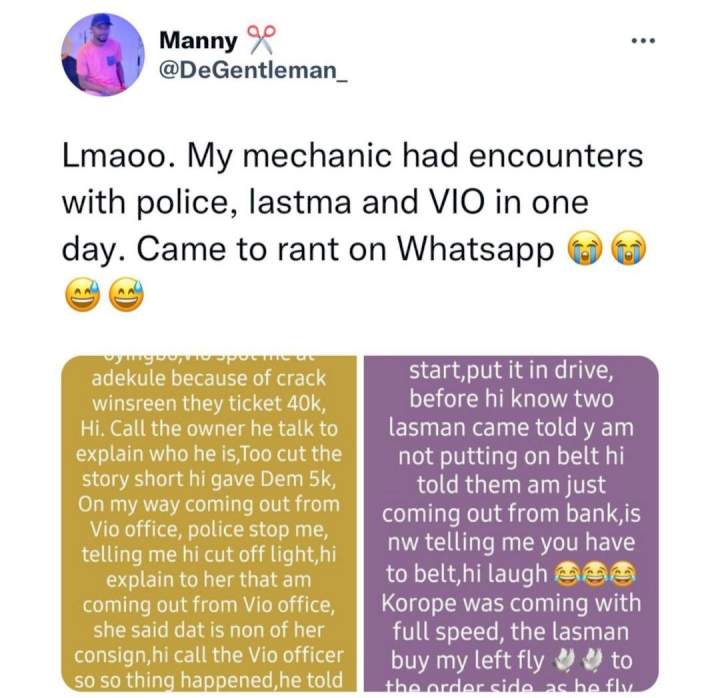 Lagos mechanic who encountered police, LASTMA, and VIO on the same day rants on WhatsApp