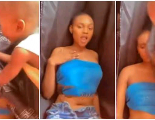 Little boy scolds his elder sister for exposing her body while filming herself, tries to cover her body with curtain. (VIDEO)