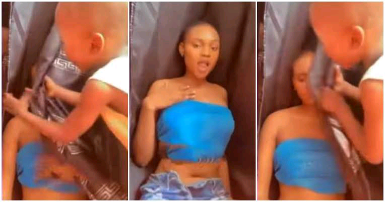 Little boy scolds his elder sister for exposing her body while filming herself, tries to cover her body with curtain. (VIDEO)