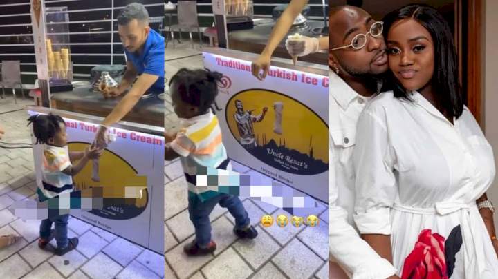 Nigerians react to video of Davido’s Son storming off angrily as ice cream vendor tricks him (Video)