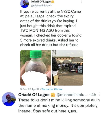 Boy Raises Alarm After Discovering A Woman Selling Expired Drinks At NYSC Camp In Lagos