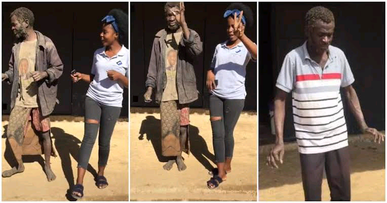 Incredible!: Lady plays and dances with a random mad man on the street, changes his old clothes to new ones. (VIDEO)