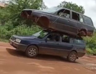 Shocking: Car Seen Carrying Another Car On Nigerian Road