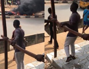 Lagos Police save a motorcyclist who was nearly murdered by a crowd after he hit a pedestrian.