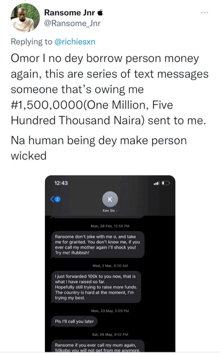 Twitter user shares messages he received from debtor he loaned N1.5 million (PHOTOS)