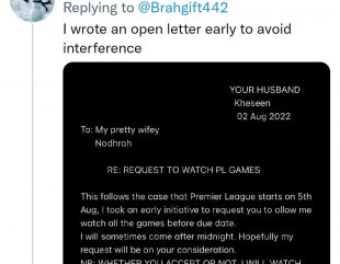 Husband shares letter he wrote to tell his wife that he will be preoccupied as the Premier League season starts