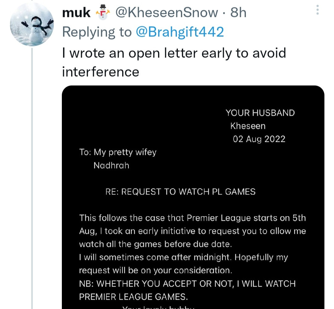 Husband shares letter he wrote to tell his wife that he will be preoccupied as the Premier League season starts