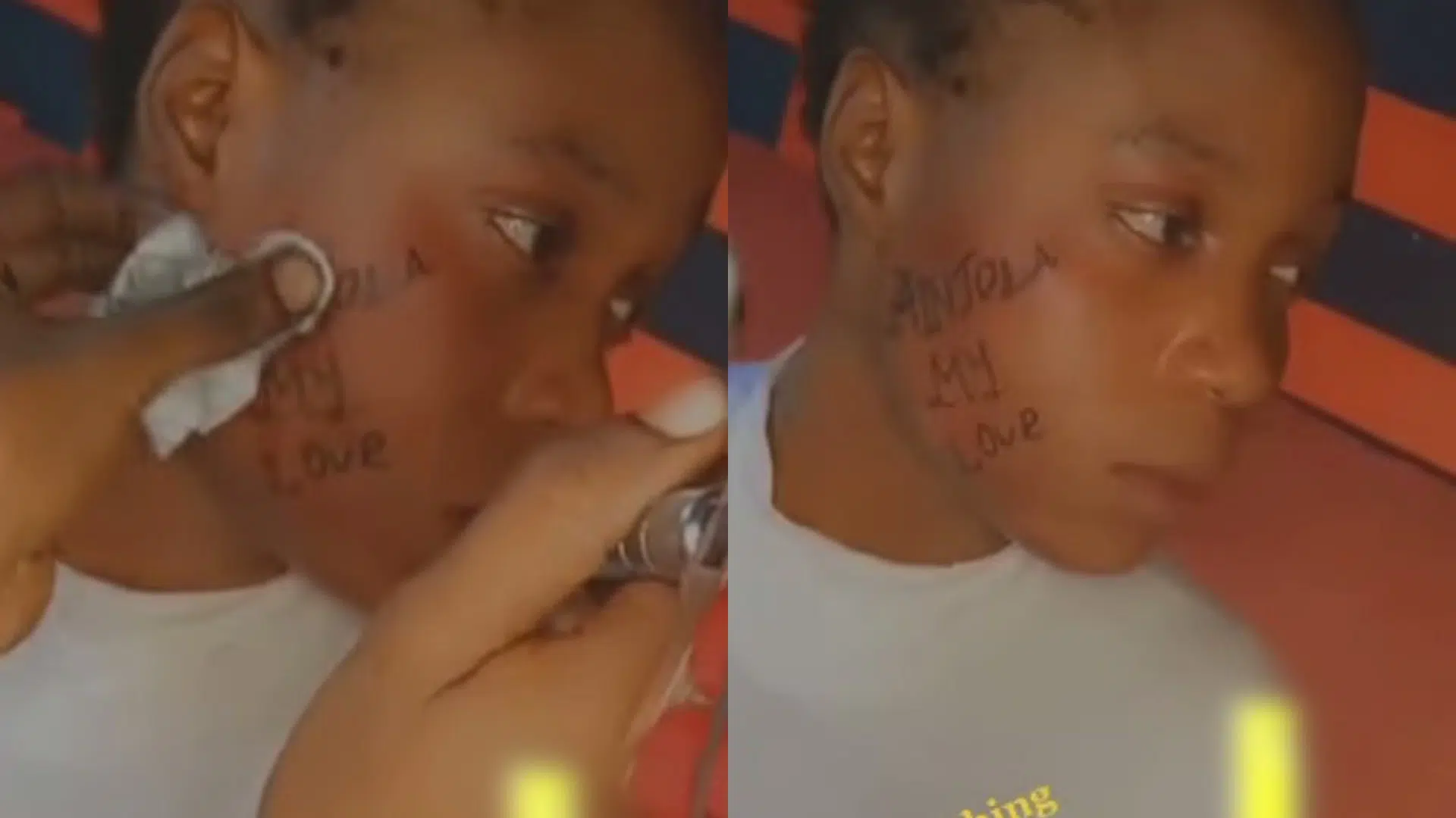 Reactions as young lady tattoos boyfriend’s name on her face (Video)