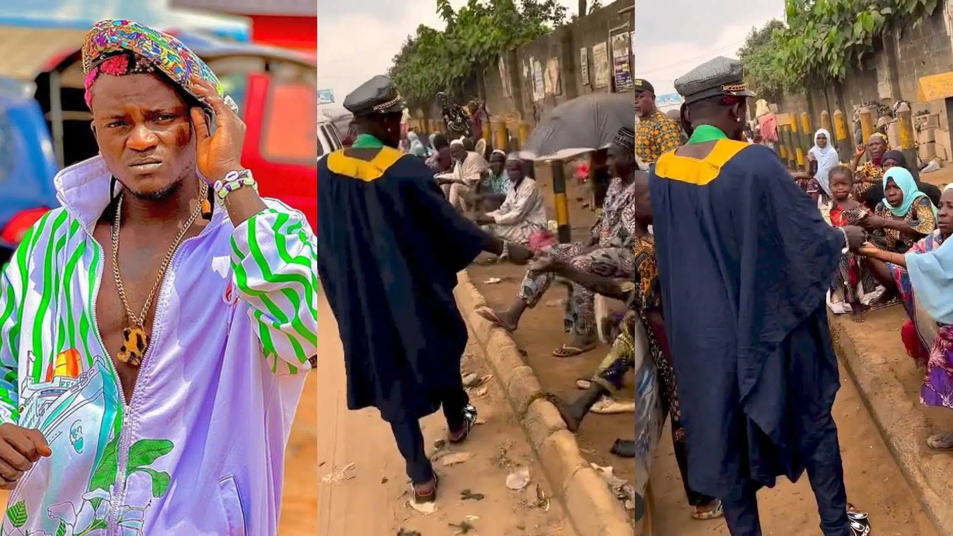 Reactions as Portable hits the streets wearing Agbada, shares money to roadside beggars (Video)