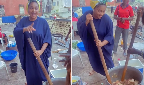 Mercy Aigbe Joins Older Housewives To Cook Delicious Meal At Her Husband’s House (Video)