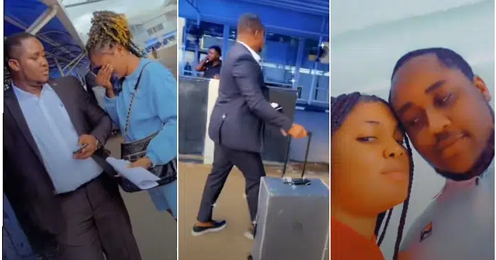 Lady cries uncontrollably at the airport as her husband travels abroad (Video)