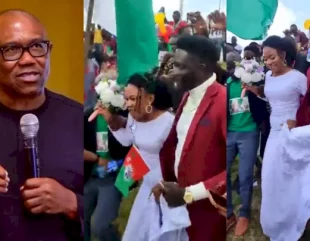 Peter Obi reacts as newly wedded couple storms Labour Party rally in Abuja straight from their wedding (Video)