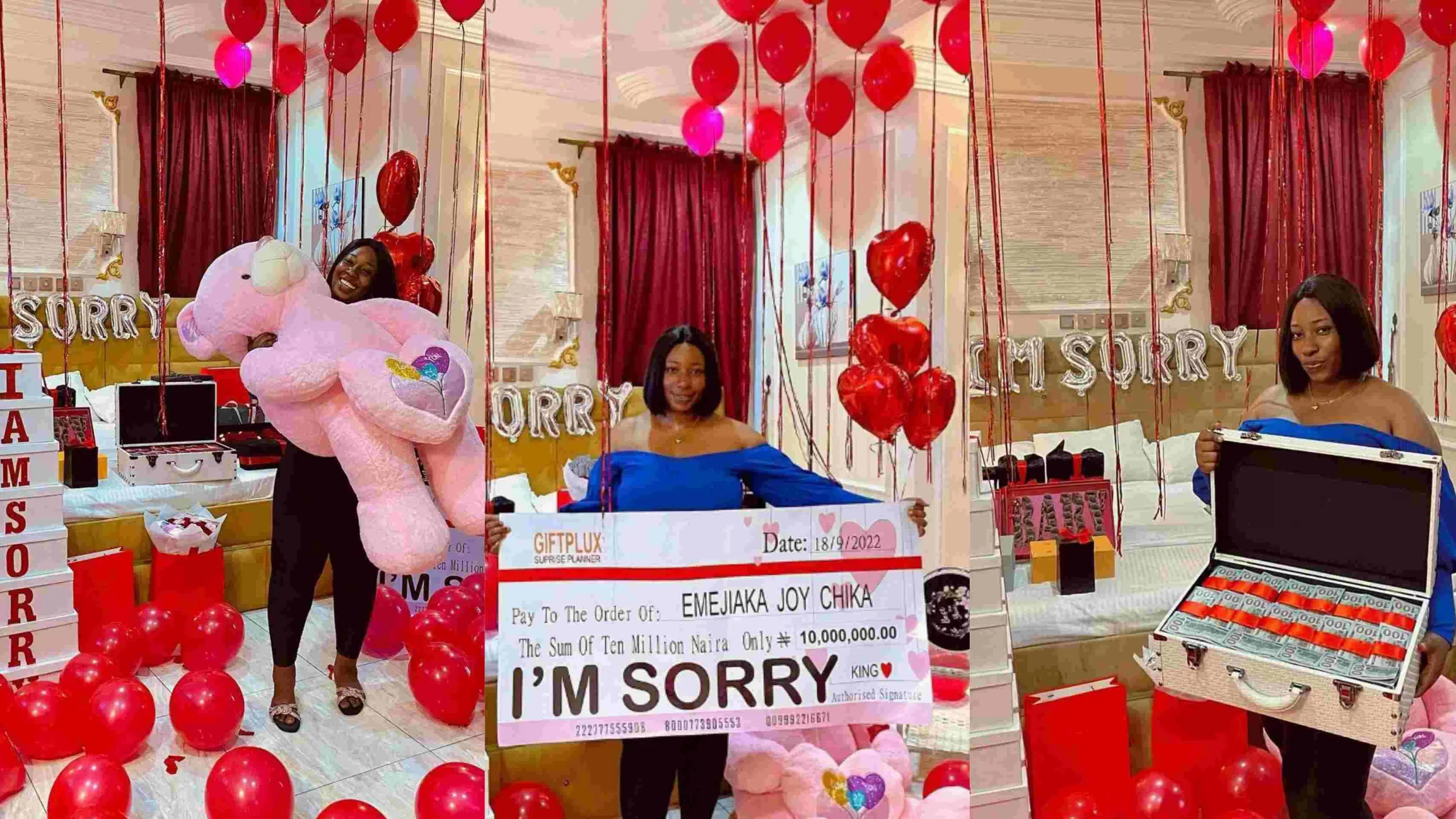 Man apologizes to lover with a cheque of N10m, teddy bear, others (Photos)