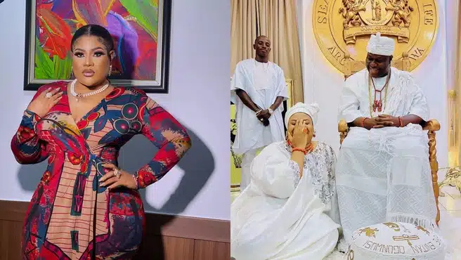 Speculations as Nkechi Blessing shares photo of herself with Ooni of Ife at his palace; praises him highly