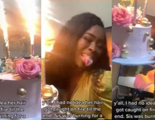 Moment celebrant’s wig catches fire while checking out birthday cake (Video)