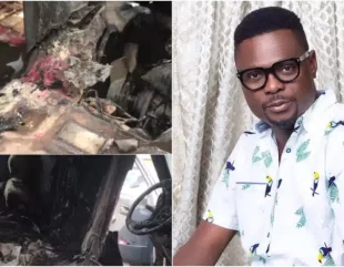 Kunle Afod escapes death, driver burns – VIDEO