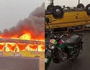BRT Bus Set Ablaze After Colliding With Commercial Bus In Lagos (Videos)