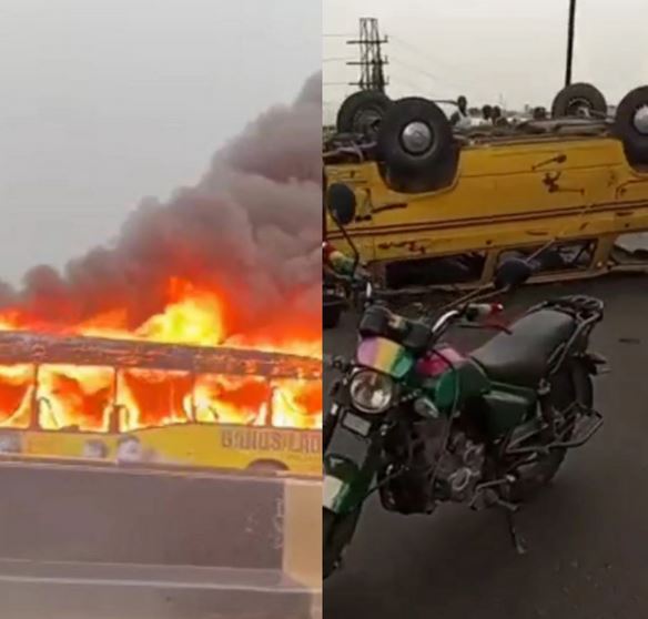 BRT Bus Set Ablaze After Colliding With Commercial Bus In Lagos (Videos)