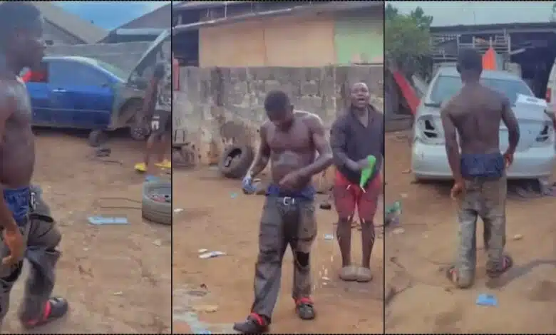 Lady surprises boyfriend who is a mechanic on his birthday with a cake (Video)