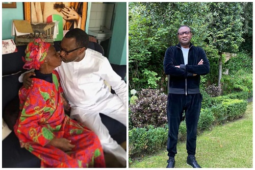 Reactions As Femi Otedola Lock Lips With his Mother To Celebrate Her 91st Birthday