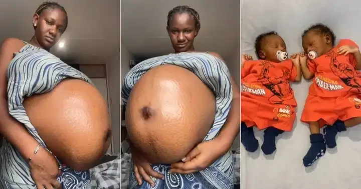 Nigerian lady flaunts very big baby bump as she welcomes twins (Video)