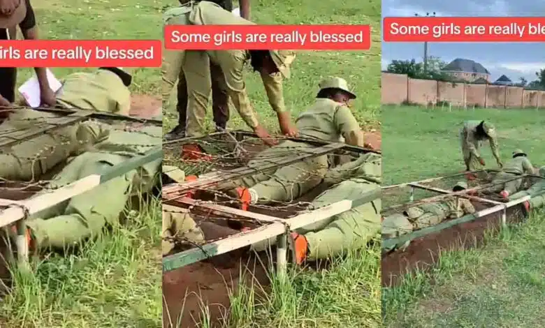 Watch: Hilarious Moment Corps Member’s Backside Gets Stuck, Causing Traffic Jam During Man O’ War Drill [Video]