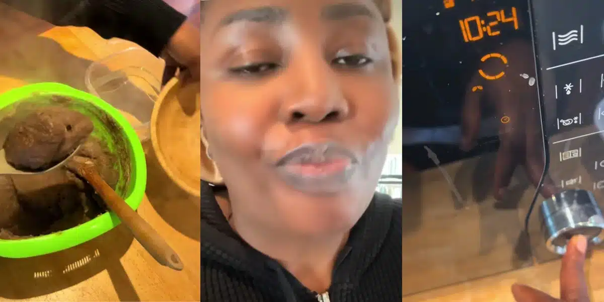 Nigerian woman causes commotion online as she uses microwave to make Amala