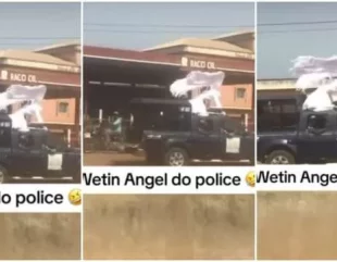 “Dem arrest Angel wey wan blow trumpet” – Reactions as an Angel is seen on top of a police car