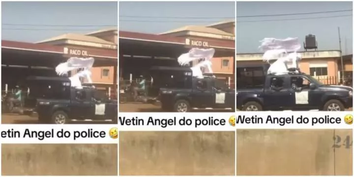 “Dem arrest Angel wey wan blow trumpet” – Reactions as an Angel is seen on top of a police car