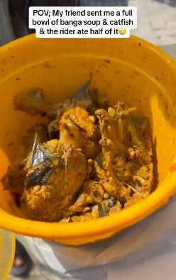 Drama Unfolds as Dispatch Rider Eats Half Bowl of Banga and Catfish Soup (Video)