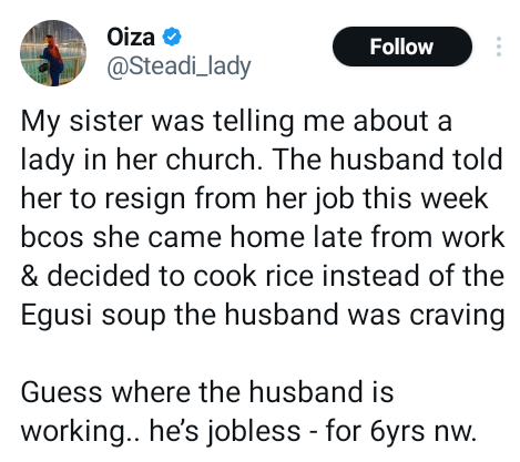 Unemployed Husband Asks Wife to Quit Banking Job After She Cooked Rice Instead of Egusi Soup