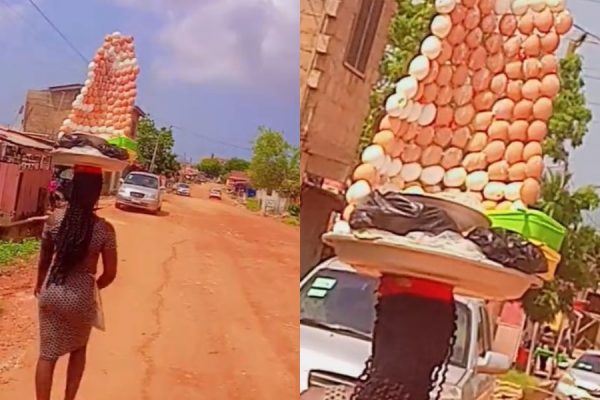 Vendor amazes onlookers with her skilful egg arrangement while selling