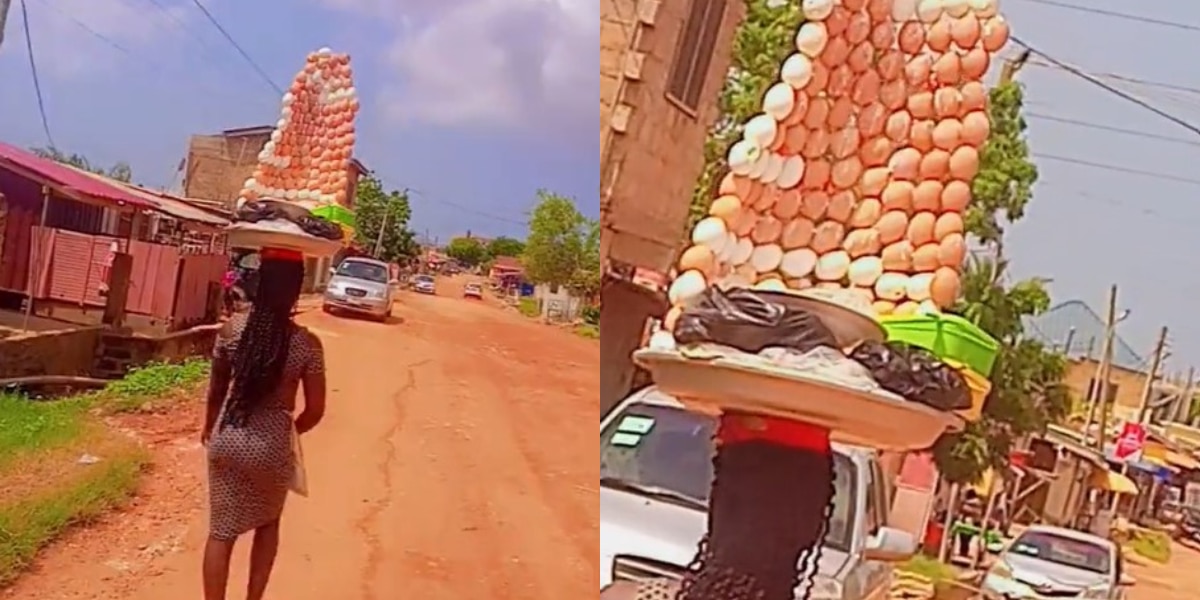 Vendor amazes onlookers with her skilful egg arrangement while selling