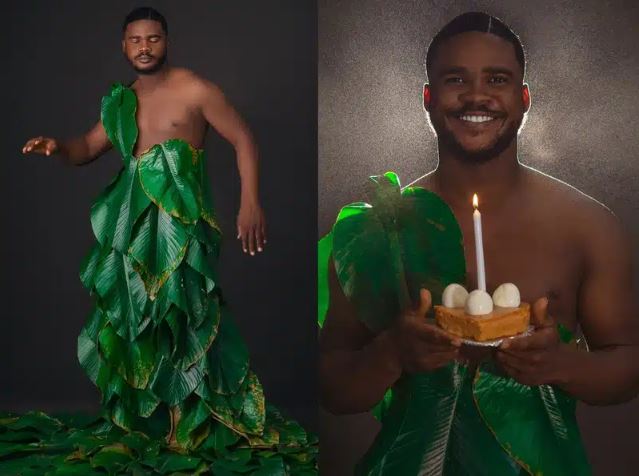 Moi Moi Seller Turns Heads with Leaf Outfit and Moi Moi Cake at 25th Birthday Celebration (Photos)