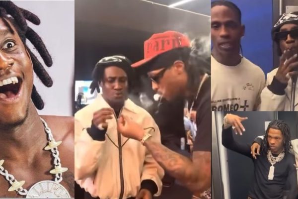 Shallipopi spotted chilling with American superstars Travis Scott, Future and Lil Baby at a concert in London stadium (Video)