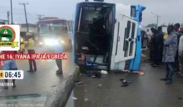 BREAKING: 10 injured as fully loaded BRT bus tumbles in Lagos