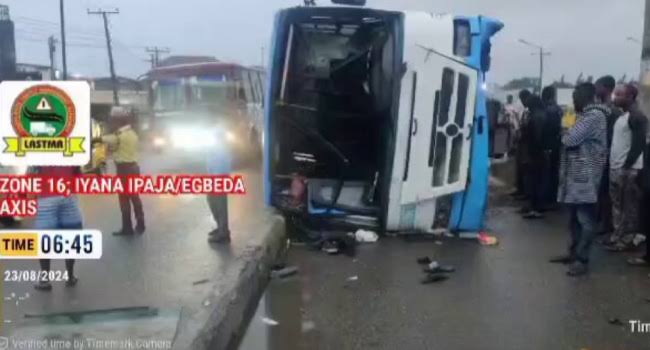 BREAKING: 10 injured as fully loaded BRT bus tumbles in Lagos